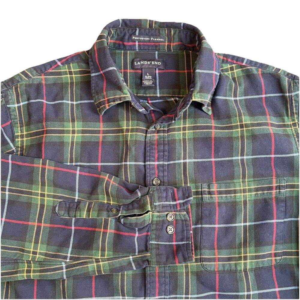 Vtg Lands End Portuguese Flannel Collared Button Down‎ Shirt Men’s L 16-16.5
